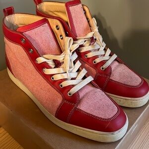 Christian Louboutin Red and Cream High-Top Sneakers Size 45.5